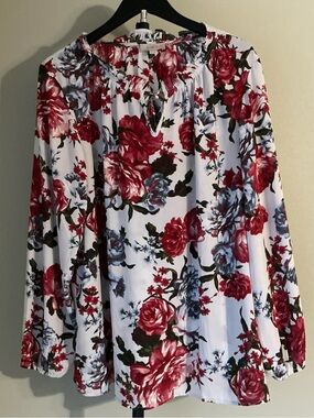 LOFT White Floral Tie-Neck Blouse with Red & Blue Roses